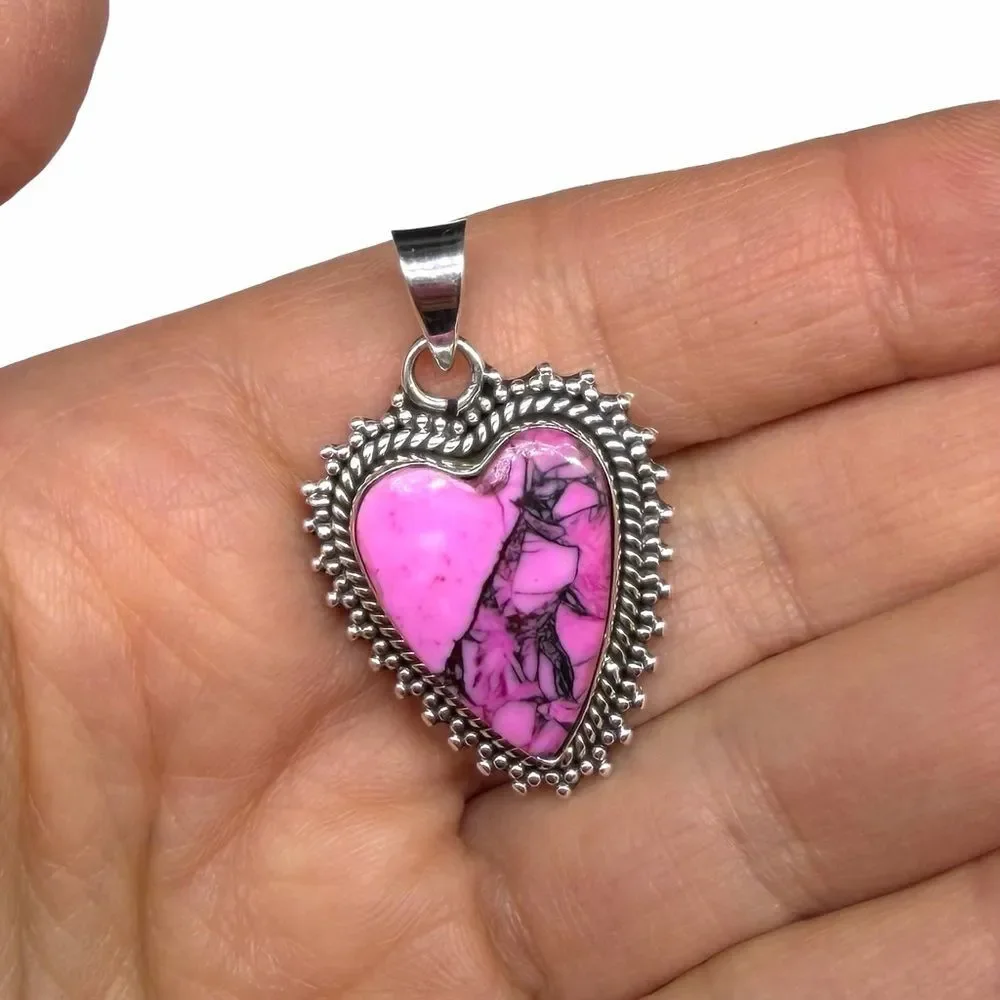 Cherry Blossom Kingman Turquoise Heart Necklace Pendant 925 Sterling Silver
